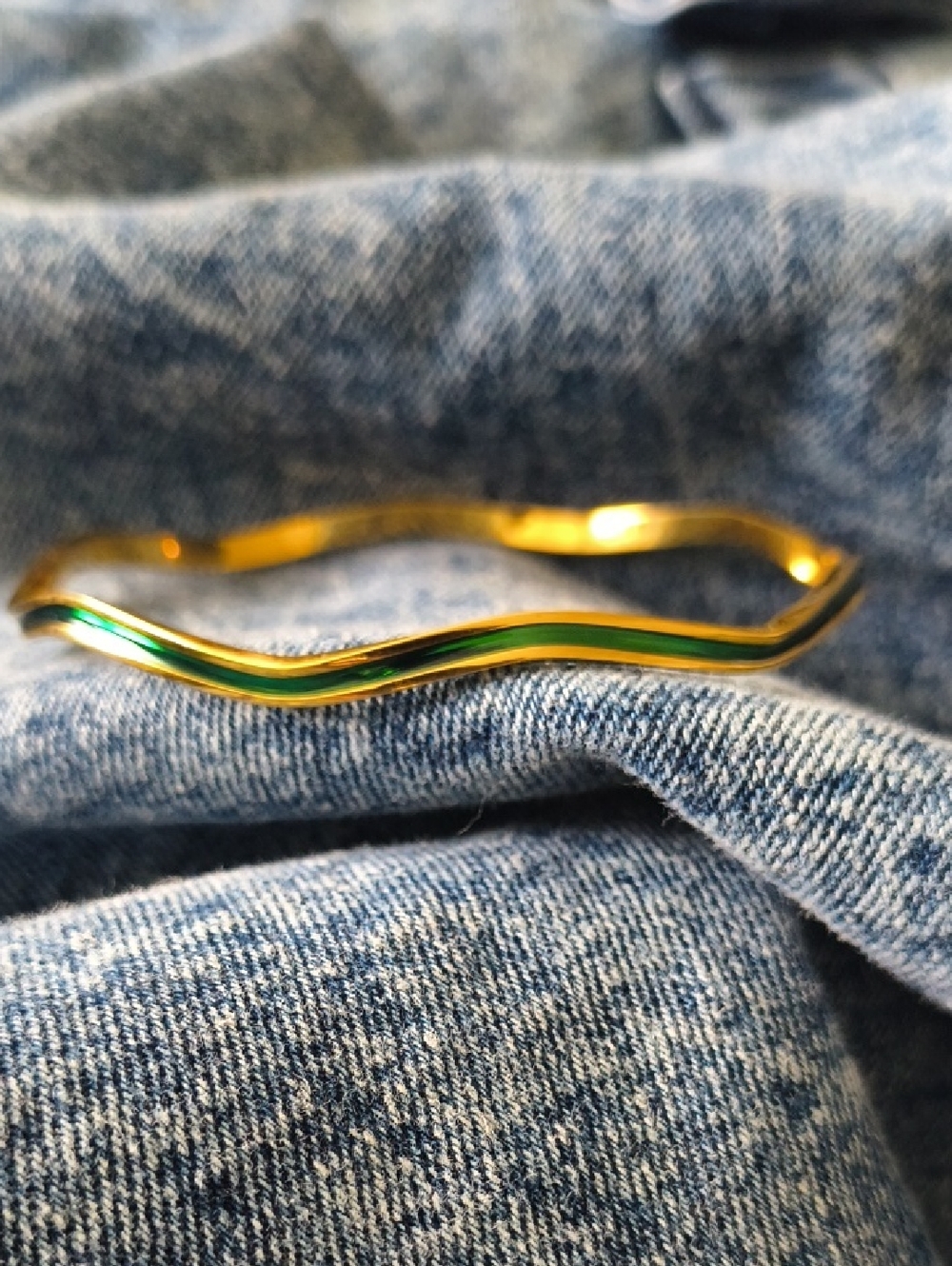 Wavy Green Enamel Goldtone Bangle